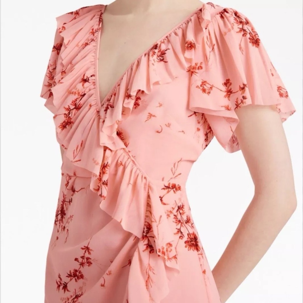 Cinq a Sept Fleur Sheila Faux Wrap dress. pale roseFloral Pink Ruffle Wrap Dress - Picture 4 of 15